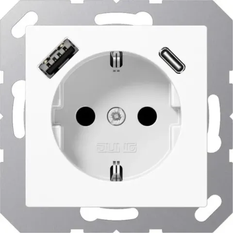 JUNG wandcontactdoos met 2x USB lader (1x type A en 1x type C - A en AS range - Alpinewit - RAL9016 - Glans