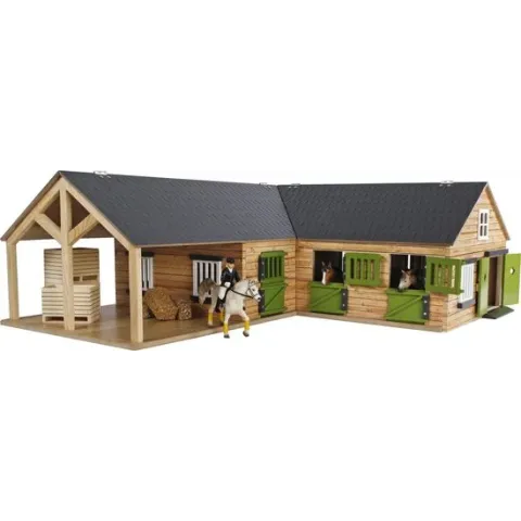 Kids Globe - Paardenhoekstal met wasplaats 3 boxen en berging - Speelfigurenset - 68 x 77 x 27 - Schaal 1:24 (610211)