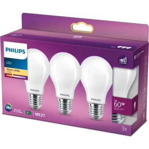 Philips Classic LED Lamp E27 - Warm wit licht - Peertje A60 - 7W/60W - 3 LED lampen