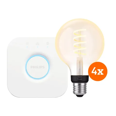Philips Hue Filament White Ambiance Globe 4-Pack + Bridge