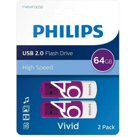 Philips USB stick 2.0 64GB - Vivid - Paars - 2 stuks - FM64FD05D
