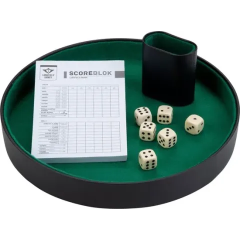 Pokerpiste PU ‚åÄ 26 cm, met beker, 6 dobbelstenen en boekje