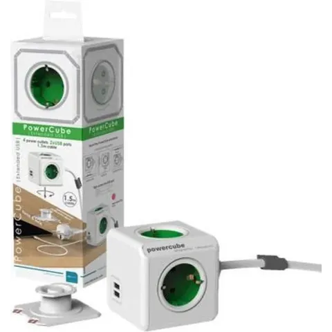 PowerCube Extended Duo USB - 1.5 meter kabel - Wit/Groen - 4 stopcontacten - 2 USB laders - NL\/DE (Type F)