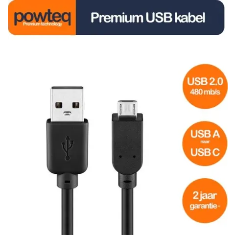Powteq - 5 meter premium USB A naar micro USB kabel - USB 2.0