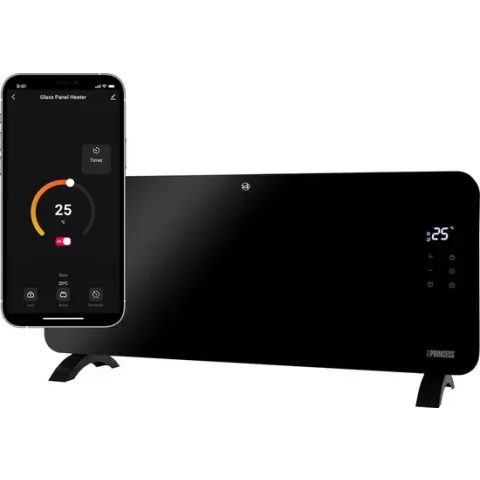 Verwarming elektrisch - Princess 348200 - Kachel elektrisch - Glazan verwarmingspaneel - 2000 watt - Voor ruimtes tot 30 m² - Zwart - Mobiel bestuurbaar - Met gratis app