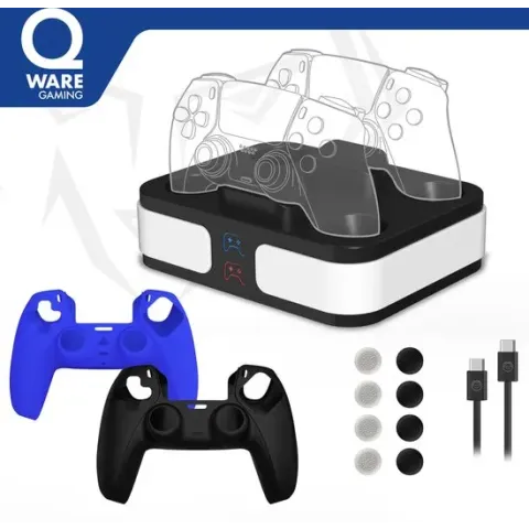 Qware - PS5 Bundel - Fast - Charger - Oplader - Silicone Grips - Laadkabel - Thumbgrips - Starterkit - Charging station - Charger - Dual Controller - LED Indicatie - Dual Charging - Docking station - PS5