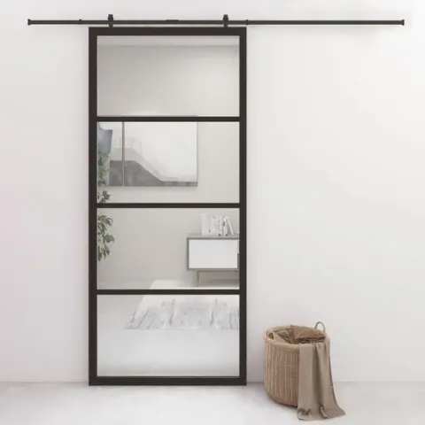 Schuifdeur 90x205 cm aluminium en ESG-glas zwart