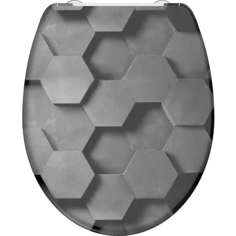 SCHÜTTE WC-Bril 82392 GREY HEXAGONS - Duroplast - Soft Close - Afklikbaar - RVS-Scharnieren - Decor - 3-zijdige Print
