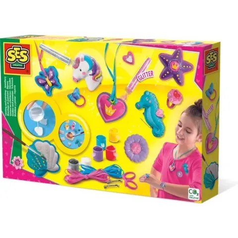 SES - Gieten en schilderen -  Sieraden - sneldrogend - met vormpjes, gips, verf, penseel, glitters, lint, ringen en speldjes