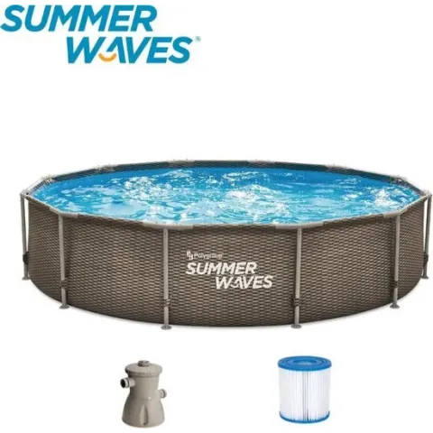 Summer Waves Frame Zwembad | Rotan l Look | Ø 305 cm x 76 xm | Inclusief Filterpomp | Bruin