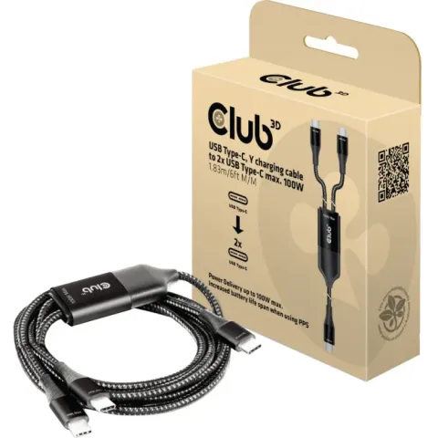 USB Type-C, Y oplaadkabel naar 2x USB Type-C 1,83 meter, Max. 100 W