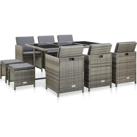 vidaXL 11-delige Tuinset met kussens poly rattan grijs