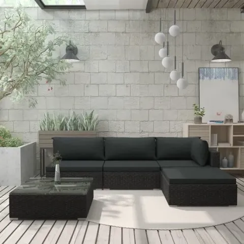 vidaXL 5-delige Loungeset met kussens poly rattan zwart