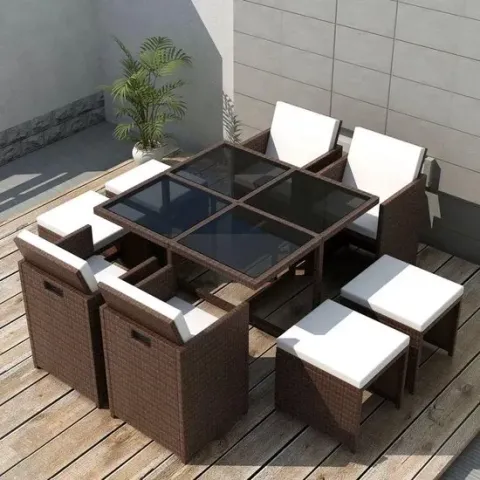 vidaXL 9-delige Tuinset met kussens poly rattan bruin