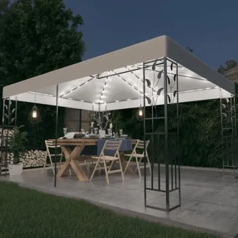 vidaXL Prieel met dubbel dak en LED-lichtslinger 3x4 m wit