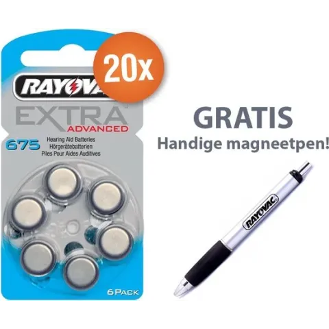 Voordeelpak Rayovac gehoorapparaat batterijen - Type 675 (blauw) - 20 x 6 stuks + gratis magnetische batterijpen