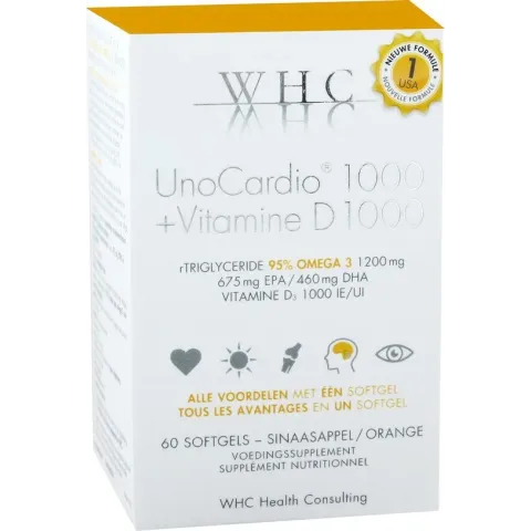 WHC UnoCardio 1000 + Vitamine D 1000 - 60 softgels - Vetzuren - Voedingssupplement