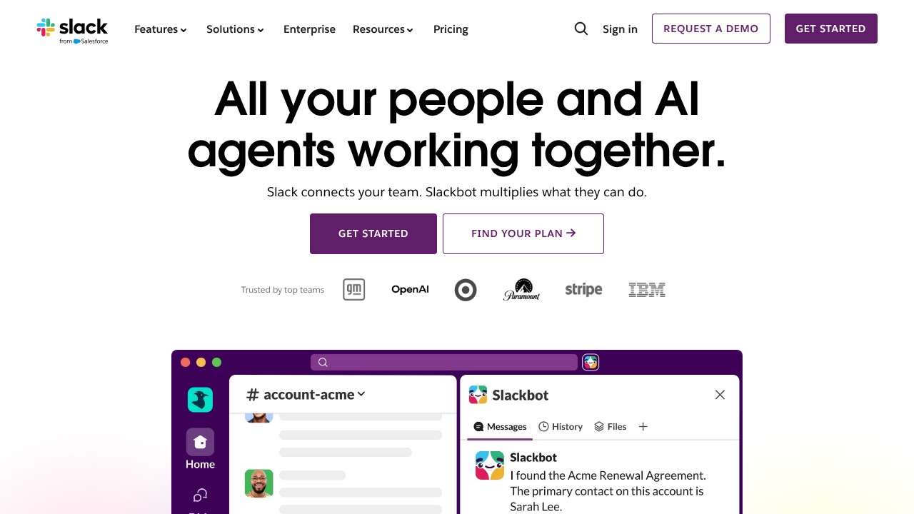 Slack's homepage headline leads with a benefit (staying in sync, working faster) rather than listing channels, threads,