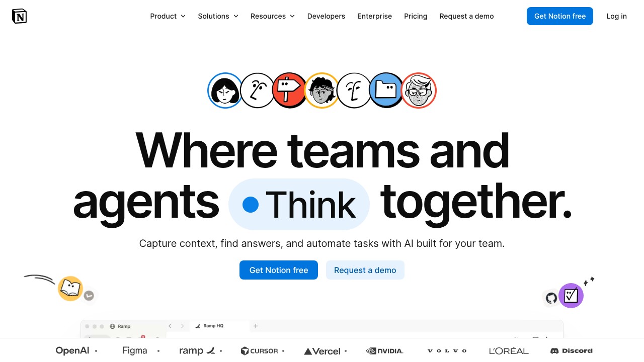 Notion's hero copy translates its feature set (docs, wikis, databases) into a single outcome statement, useful as a temp