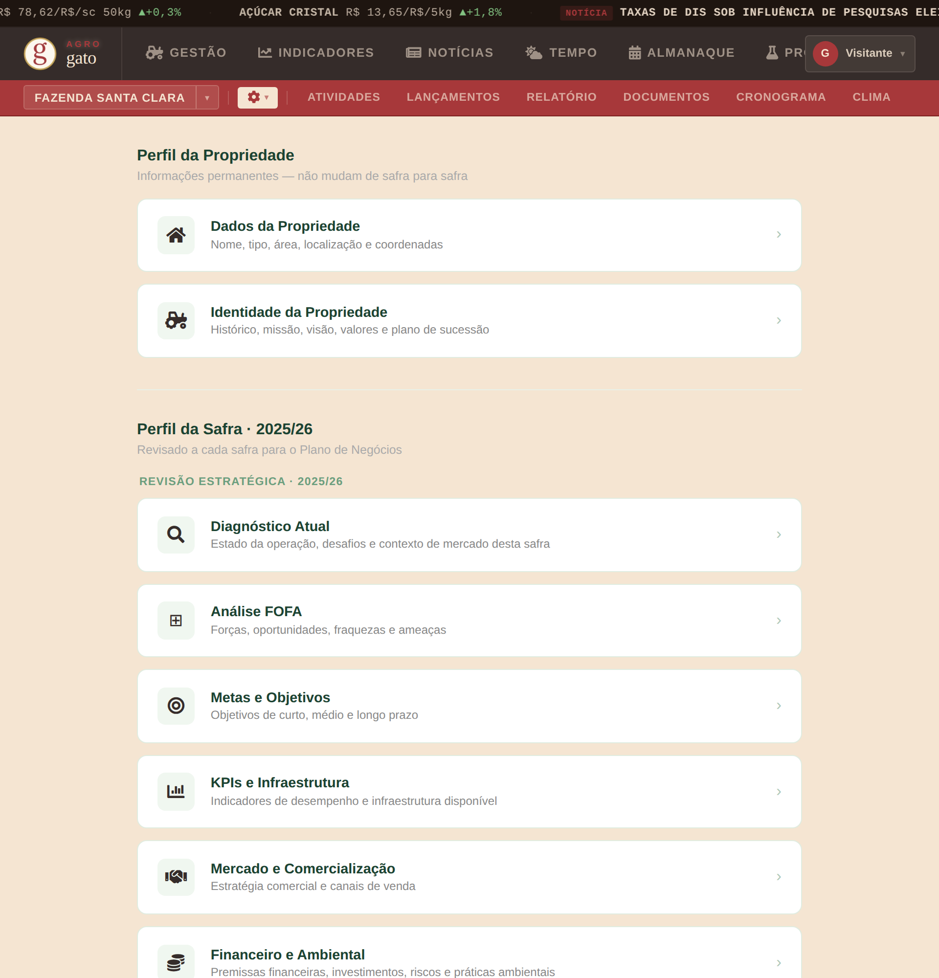 Hub do plano de negócios com perfil da propriedade e da safra
