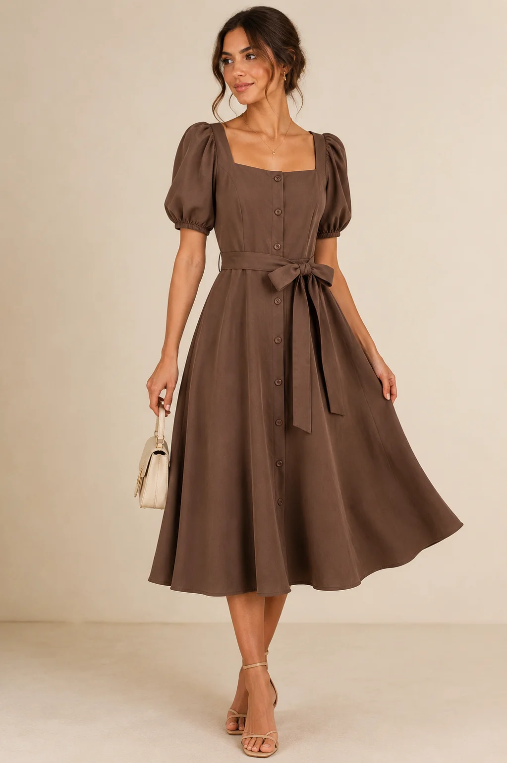 Elegant Puff Sleeve Belted Midi Dress thumbnail 4