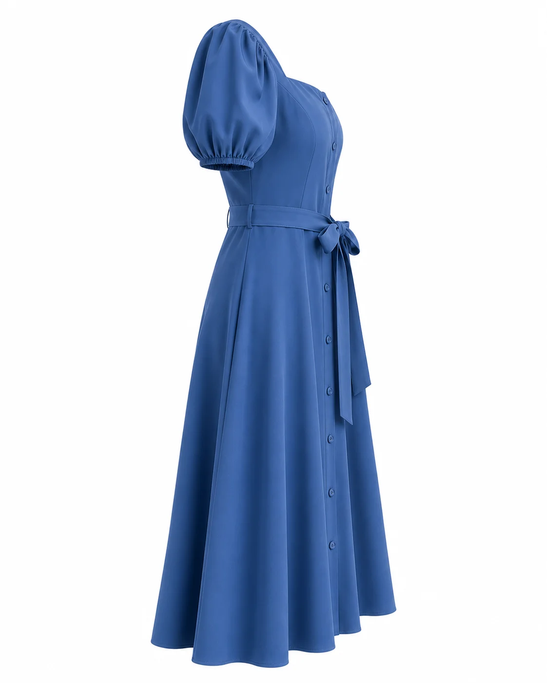 Elegant Puff Sleeve Belted Midi Dress thumbnail 2