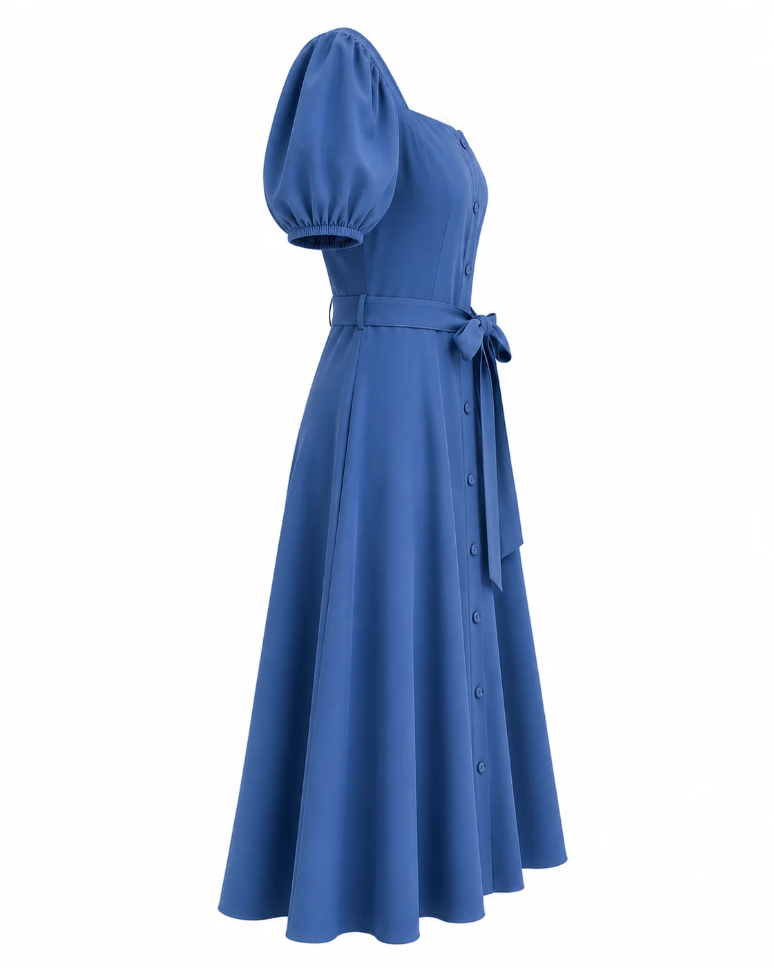 Elegant Puff Sleeve Belted Midi Dress thumbnail 3
