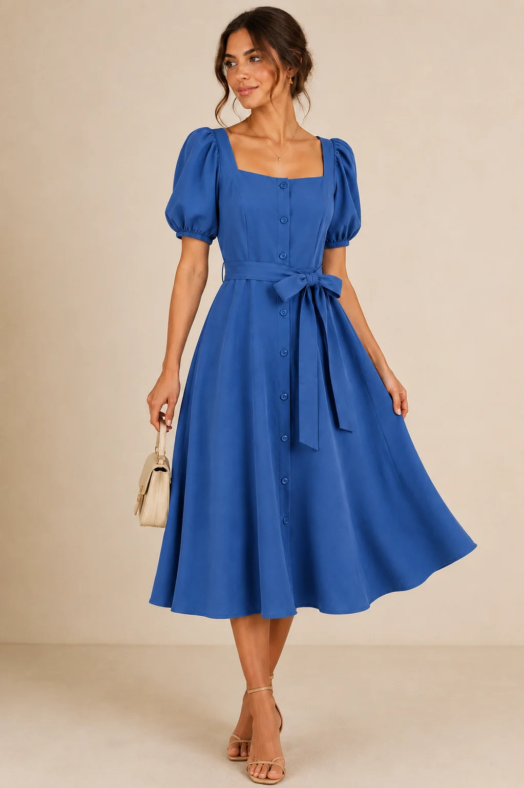 Elegant Puff Sleeve Belted Midi Dress thumbnail 4
