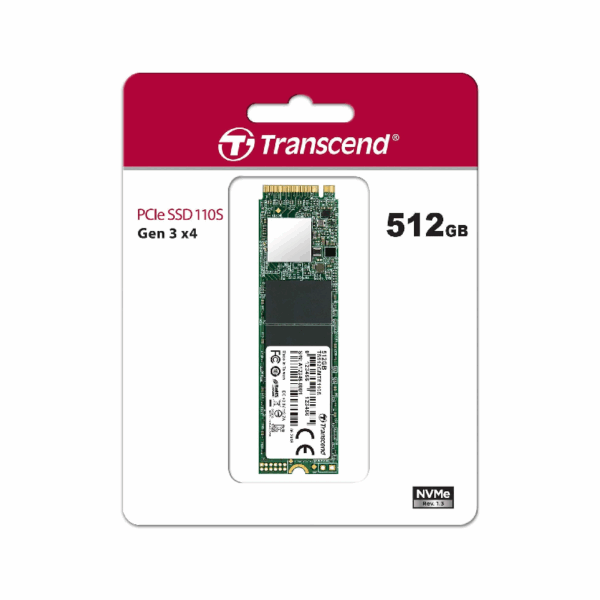 Transcend Internal SSD 512GB, M.2 2280, PCIe Gen3x4, M-Key, 3D TLC, DRAM-less, RAID Engine and LDPC, Dynamic Thermal Throttling Mechanism TS512GMTE110S