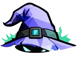 Low-poly logo of a hat which would be common in a fantasy-style role playing game for magic users with glowing eyes visible from the critter wearing the hat.
