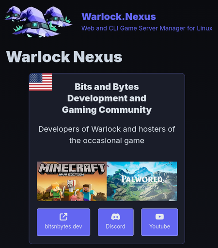 Screenshot of a fragment of a webpage showing Warlock.Nexus and a community card illustrating the community country, name, tagline, several games offered by that community, and quick links.  It's a functional proof of concept of a small portion of the much larger project.