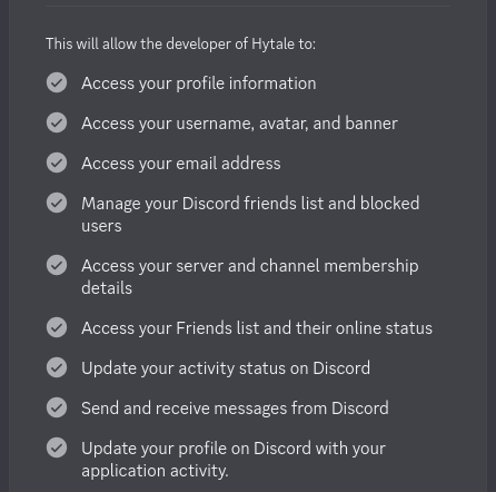 Screenshot from Hytale Discord integration indicating that they are requesting basic information such as profile name, avatar, email, and also friend list, blocked list, server membership details, status of your friends!