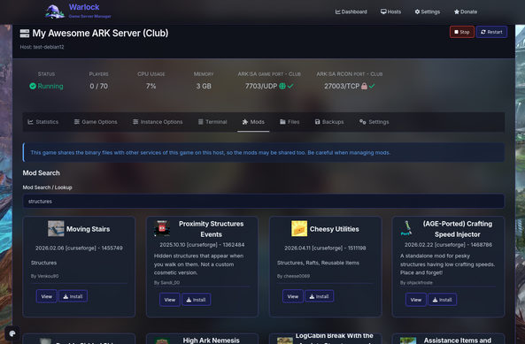 Web interface of a game server manager showing the game status, ports, memory usage, and CPU usage, and a mod search functionality to allow the server operator to easily install new mods on their server.