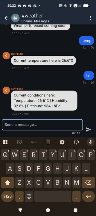 Screenshot showing a Meshcore window with a device responding temperature, humidity, and pressure data when asked in a '#weather' channel.
