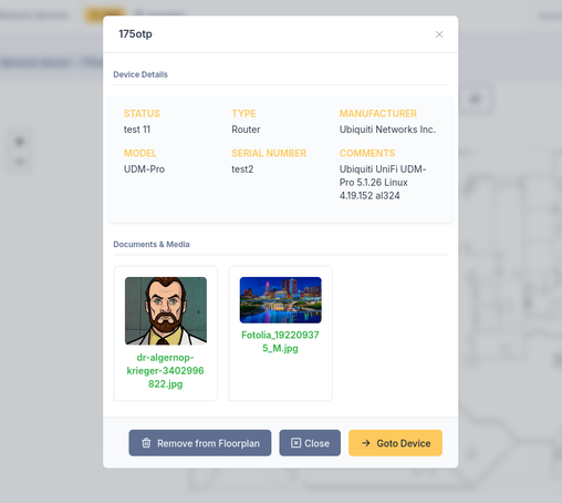 Screenshot of device details that opens in a modal when clicking on a device on a floorplan.  Example illustration showing 3 buttons on the lower portion, some related documents, and a clean (relatively speaking) UX.