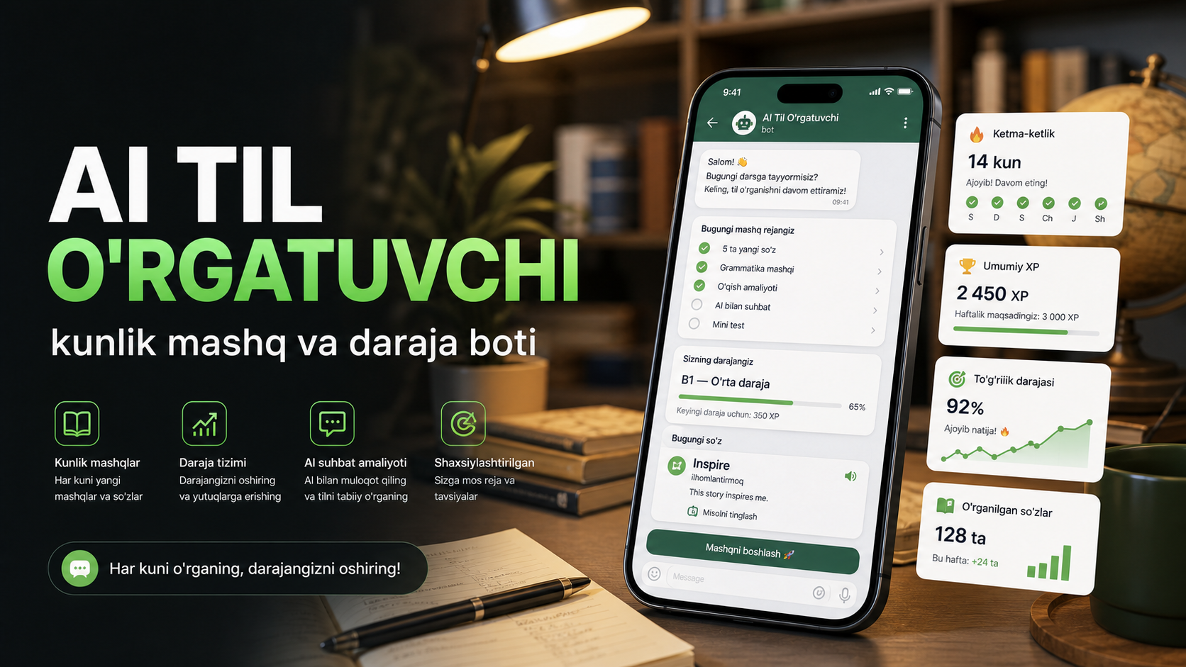 AI Til O'rgatuvchi — kunlik mashq va daraja boti