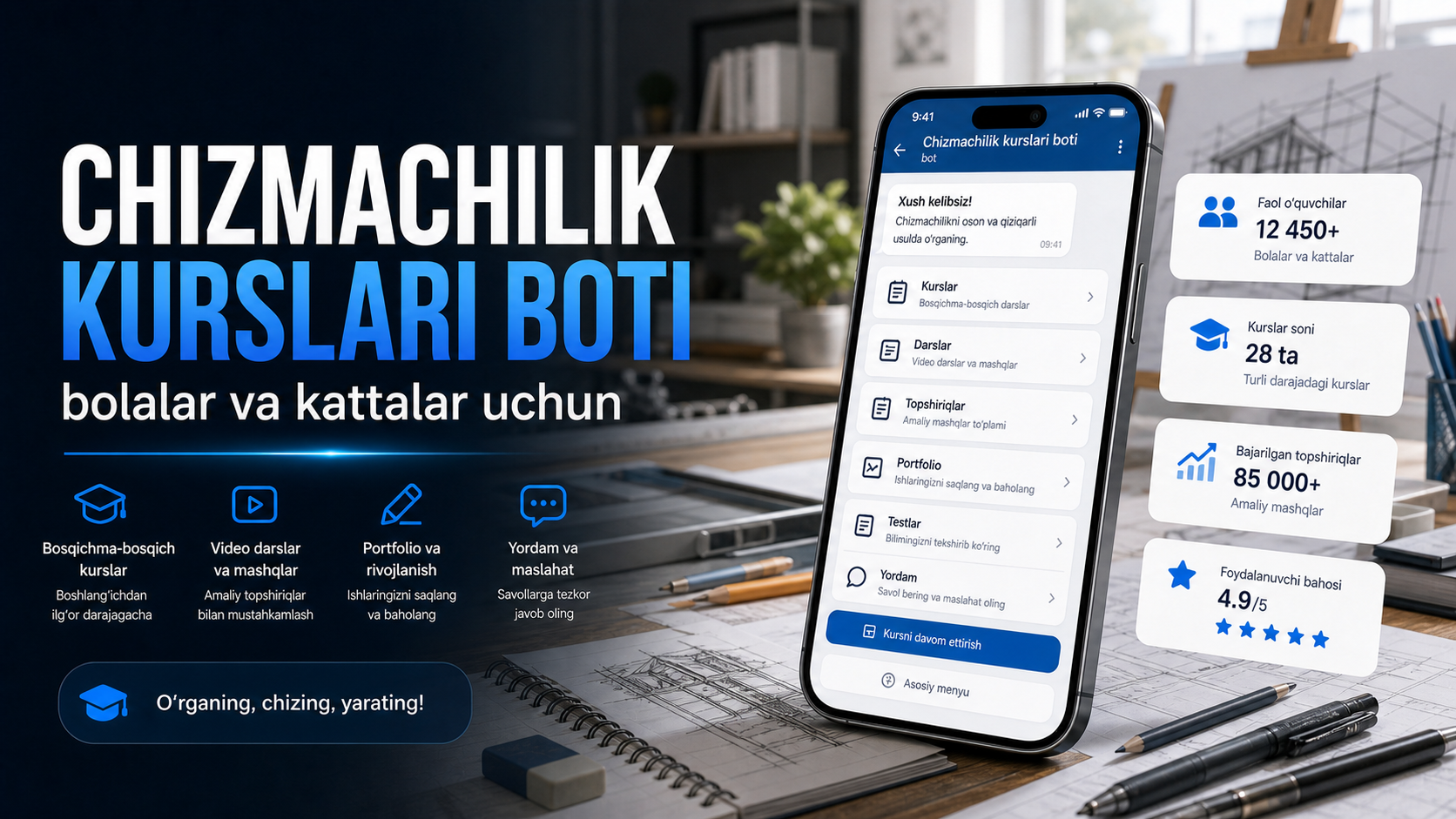 Chizmachilik kurslari boti — bolalar va kattalar uchun