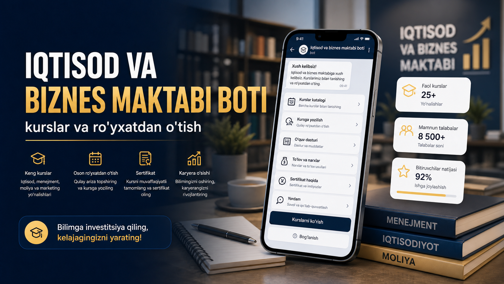 Iqtisod va biznes maktabi boti — kurslar va ro'yxatdan o'tish