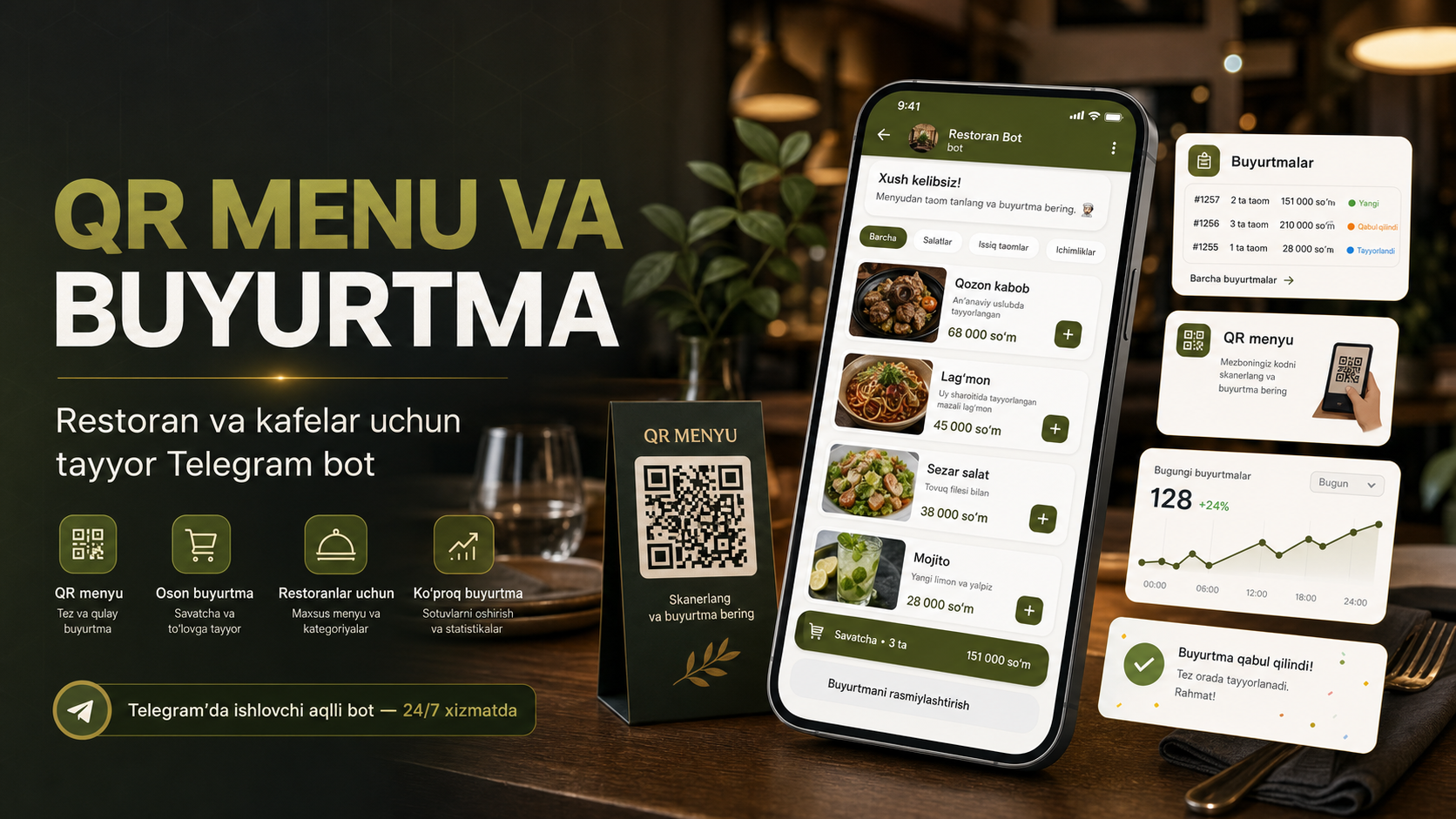 QR menu va buyurtma servisi — restoran va kafelar uchun