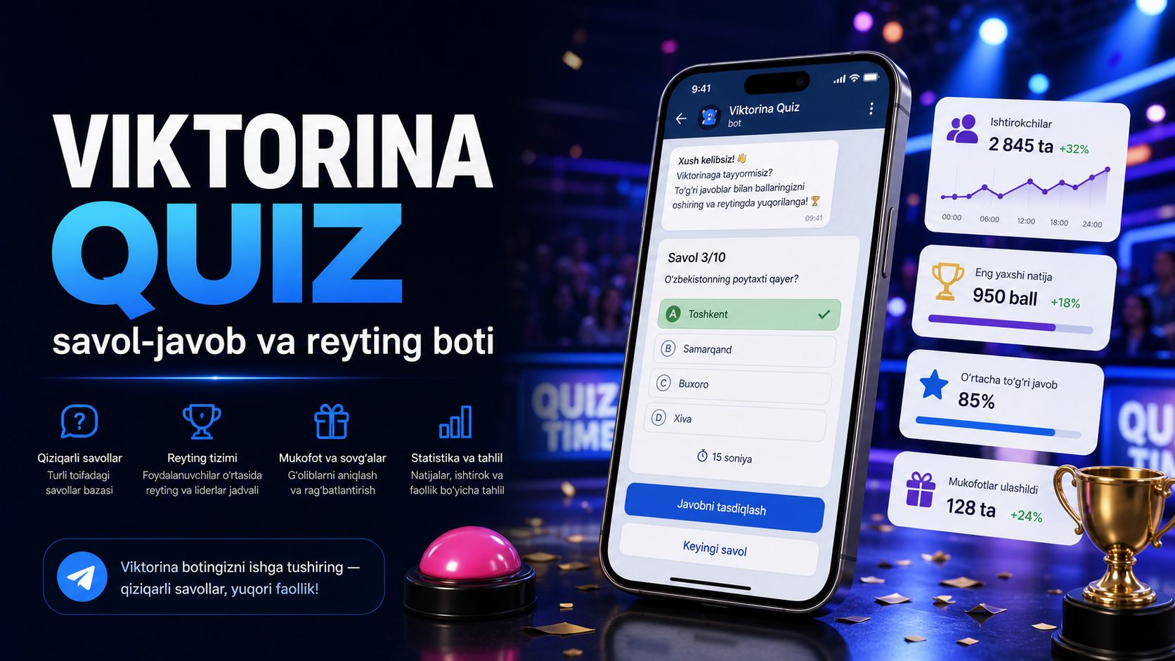 Viktorina Quiz — savol-javob va reyting boti