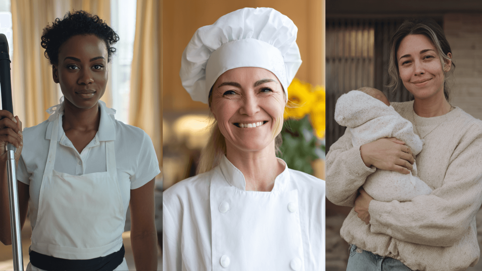 Housekeeper, chef, nanny. Split image.