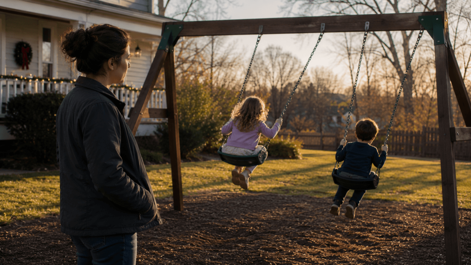 Nanny looking after the children at the swing set.