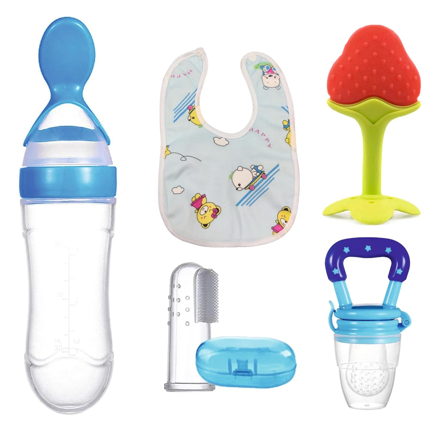 Mumlove Baby Feeding Set - 5-Piece Silicone Spoon, Fruit Feeder, Teether, Toothbrush & Bib