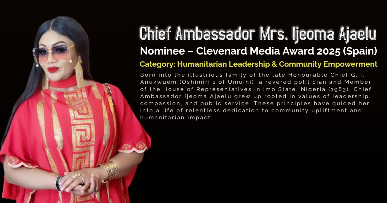 Chief Ambassador Mrs. Ijeoma Ajaelu Nominated for the Clevenard Media Award 2025 in Palma de Mallorca, Spain