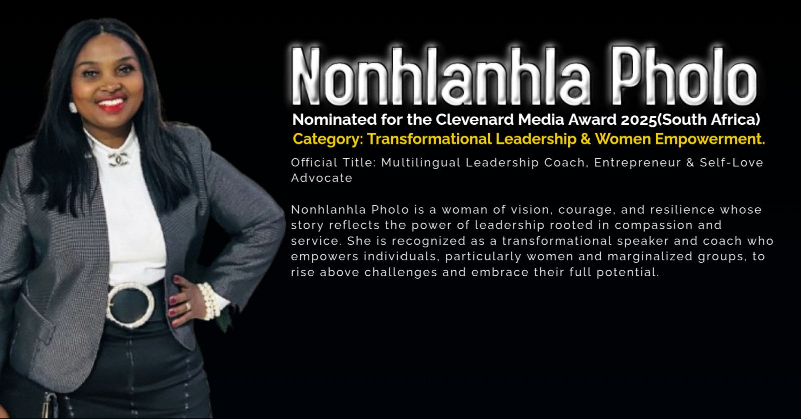 Nonhlanhla Pholo, Multilingual Leadership Coach & Entrepreneur, Nominated for Clevenard Media Award 2026 in Free State, South Africa