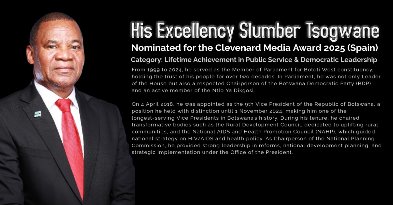 His Excellency Slumber Tsogwane Nominated for the Clevenard Media Award 2025