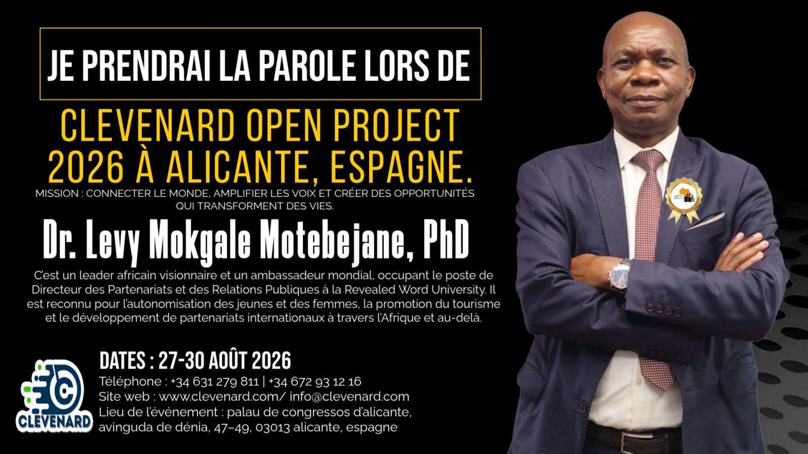 L’Ambassadeur Dr Levy Mokgale Motebejane, PhD, prononcera une conférence principale et recevra un prestigieux Prix Honorifique lors du Clevenard Open Project 2026 à Alicante, Espagne