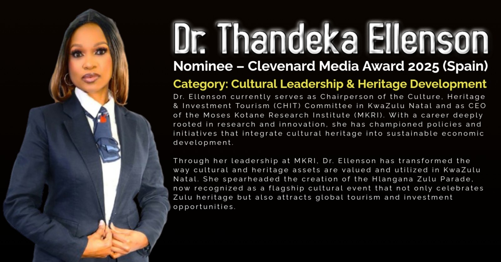 Dr. Thandeka Ellenson Honored with Nomination for the Clevenard Media Award 2025 in Cultural Leadership & Heritage Development