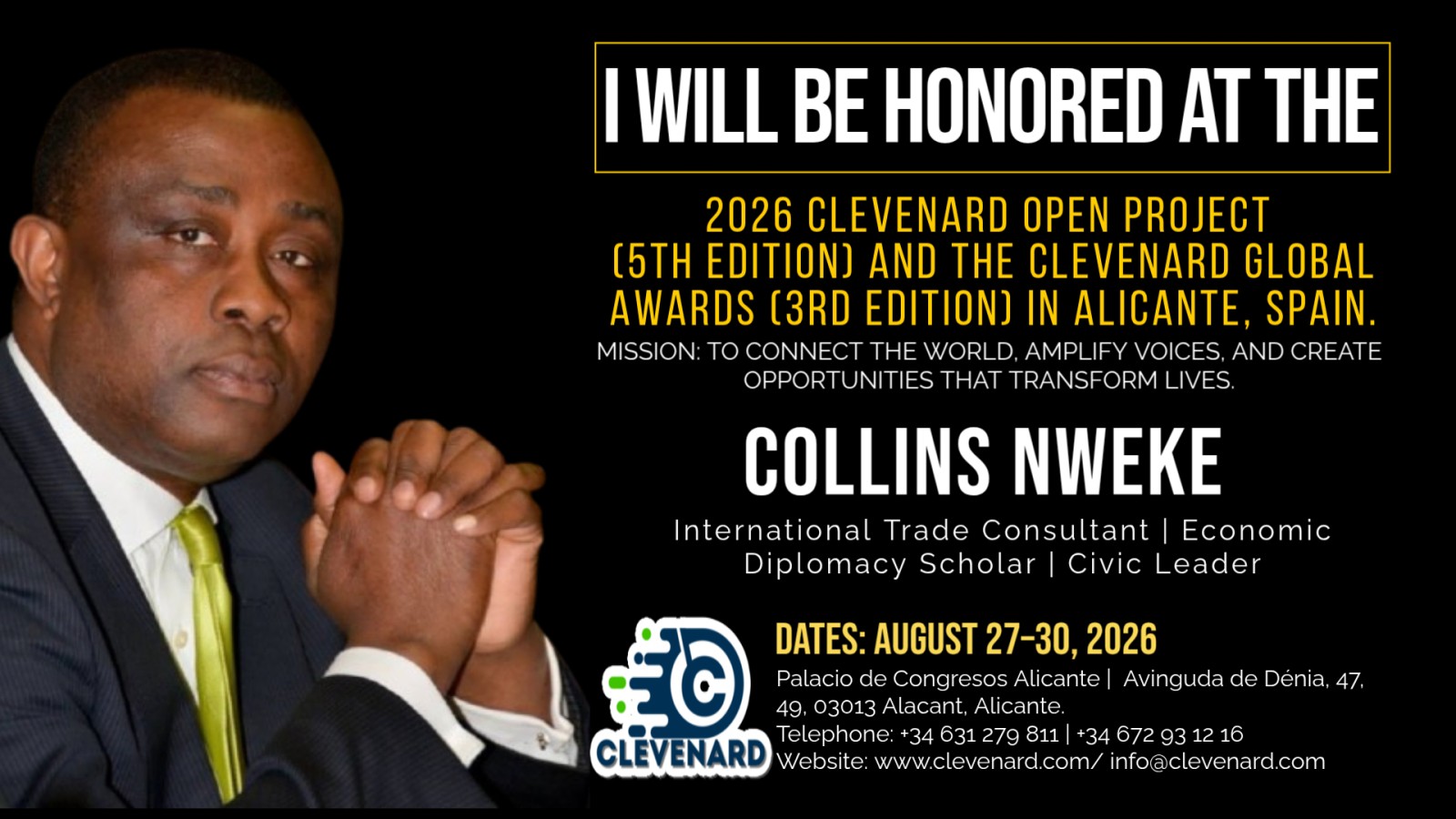 Clevenard to Honour Collins Nweke at the 2026 Clevenard Open Project & Global Awards in Alicante, Spain