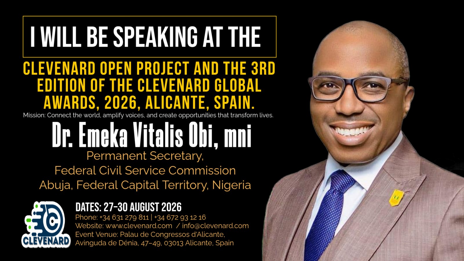 Clevenard to Honour Dr. Emeka Vitalis Obi, mni at the 2026 Clevenard Open Project – 5th Edition and Clevenard Global Awards – 3rd Edition in Alicante, Spain